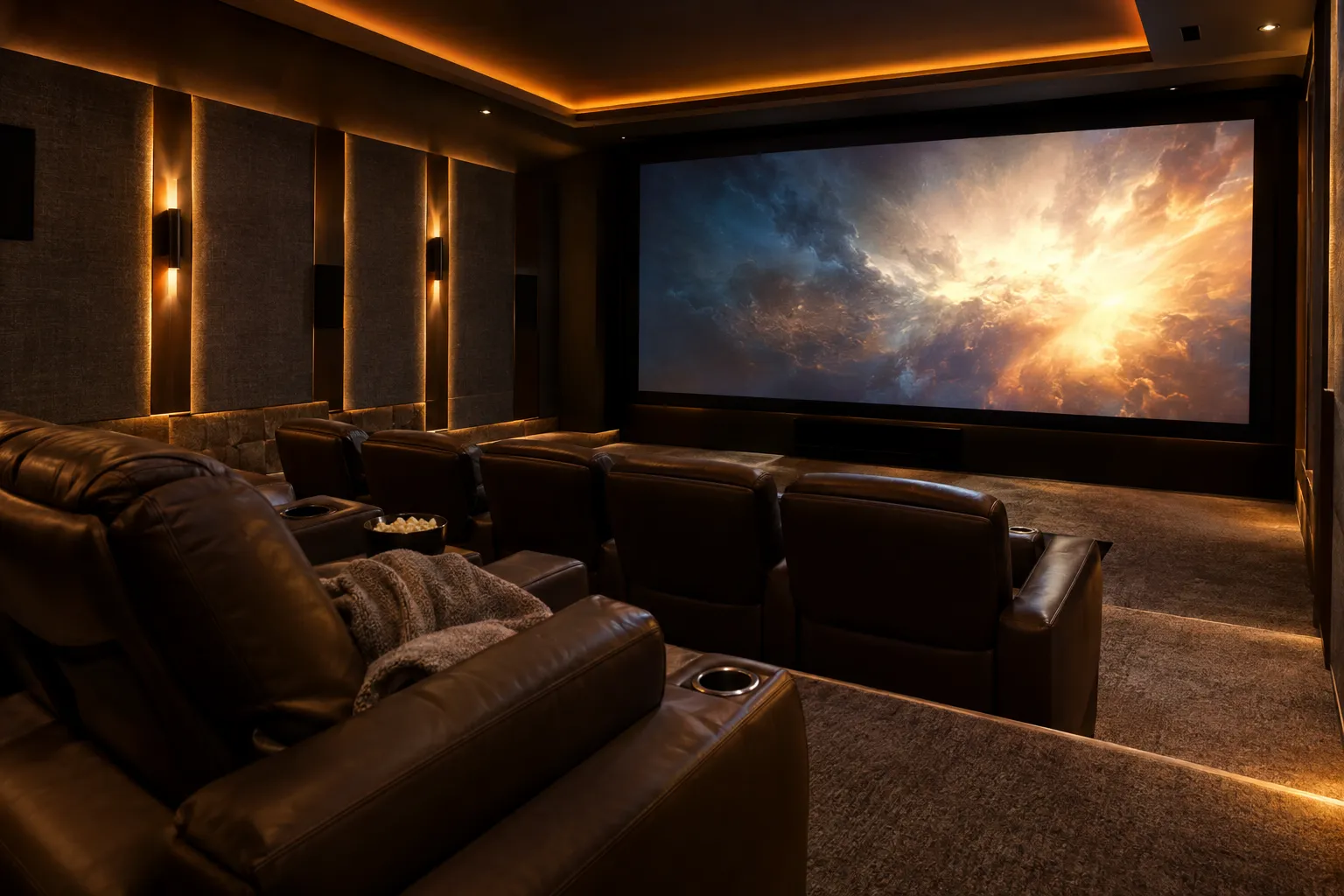 Custom home theater with tiered recliners and LED cove lighting
